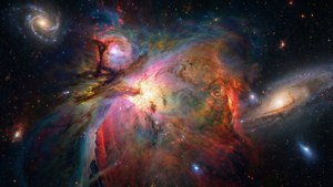 深空中色彩繽紛的星雲，帶有發光的氣體和遙遠的星系