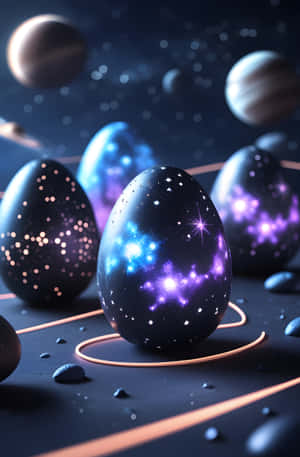 帶有星系圖案的宇宙蛋，周圍環繞著行星和發光的環，位於黑暗的表面上
