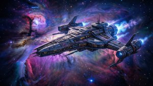 未來太空船飛過色彩繽紛的宇宙星雲，有發光的星星和氣體雲