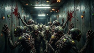 眼睛發光、肋骨外露的外星人緊貼著黑暗走廊中血跡斑斑的金屬牆壁。