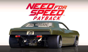 綠色改裝肌肉車，帶有外露引擎和Hoonigan貼花，下方為Need for Speed Payback標誌。 — 賽車 壁紙