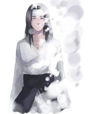 深色長髮和白色頭帶的動漫女孩被發光球體環繞。