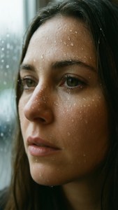 女人臉上帶住雨點，望住落雨嘅窗外面。