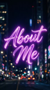 紫色霓虹燈牌寫著 About Me 漂浮在夜晚模糊的城市街道上