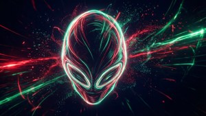 在太空中發出紅色和綠色能量條紋的霓虹外星人頭部