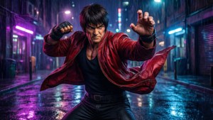 一個穿著紅色外套的武術家在雨中的霓虹燈小巷中擺姿勢。