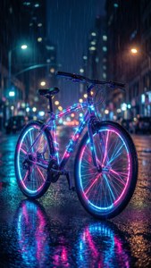 雨夜城市街道上的霓虹自行車，潮濕路面上的發光倒影。