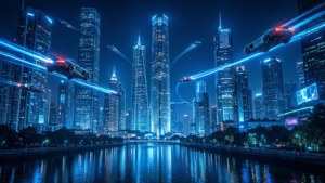 未來飛行汽車在夜晚閃爍的城市上空滑行，摩天大樓倒映在河流中。