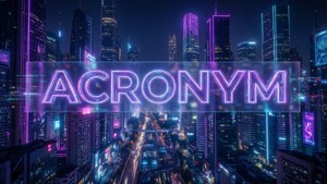 霓虹燈牌寫著 acronym 在發光的未來城市上空