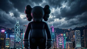 黑色KAWS雕像面向夜晚充滿活力嘅霓虹城市，天空烏雲密佈。