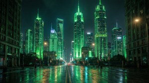 夜晚濕漉漉的城市街道，在黑暗的天空下反射出綠色照亮的摩天大樓