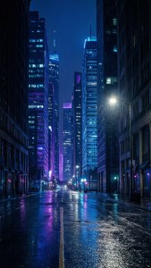 雨夜中的城市街道，藍色和紫色的霓虹燈光在潮濕的路面上反射。