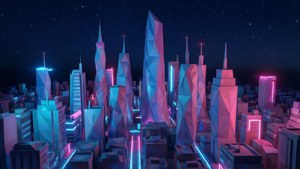 未來城市，在星空下發光的幾何建築。