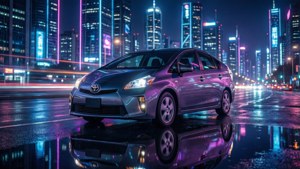 夜晚濕滑街道上的銀色豐田Prius，帶有霓虹燈和建築物倒影