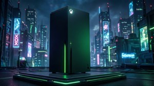黑色Xbox主機在霓虹城市夜晚發出綠光