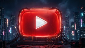 在夜晚霓虹燈照亮的未來城市中，一個巨大的發光 YouTube 標誌。