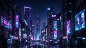 未來主義的城市夜景，發光的霓虹燈招牌和濕漉漉的人行道反射燈光。