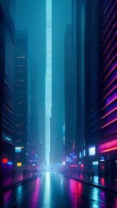 高聳嘅摩天大樓發出霓虹燈光，喺未來城市嘅夜晚反射喺濕漉漉嘅路面上。