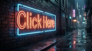 夜晚雨中的城市小巷裡，寫著「Click Here」的霓虹燈牌。