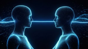 兩個發光的藍色數位人形在宇宙環境中相對而立。