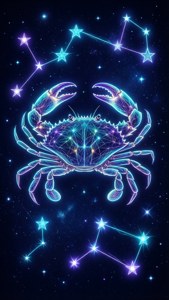 在黑暗的太空場景中，發光的霓虹蟹，星星形成其星座。