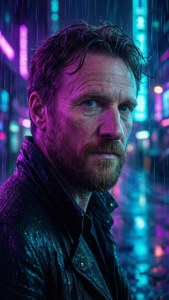 穿皮夾克的男人在夜晚雨淋的霓虹城市中凝視