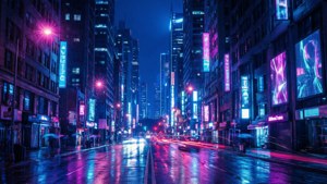 一條充滿活力嘅霓虹城市街道喺夜晚，濕漉漉嘅路面反射出色彩繽紛嘅燈光。