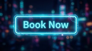 在未來的城市夜晚，一個發光的霓虹燈牌寫著 Book Now。
