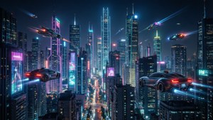 未來城市夜景，有飛天汽車和發光的摩天大樓