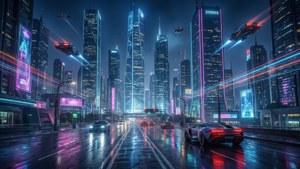 未來城市夜景，霓虹燈和飛車在濕漉漉的街道上。