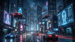 夜晚的未來城市，有飛車和潮濕街道上發光的數碼廣告牌。