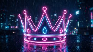 霓虹皇冠在雨夜的城市濕漉漉的人行道上發出粉紅色和藍色的光芒