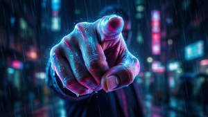 一隻發光的霓虹電路手在雨夜的賽博龐克城市中向前指