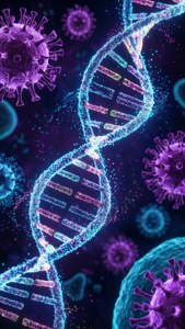 發光dna鏈被紫色和藍色病毒顆粒包圍