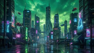 未來城市街道夜景，霓虹燈與飛車閃爍。