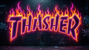 霓虹紫和橙色火焰塗鴉在深色磚牆上拼出「THASHER」。