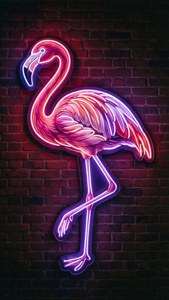 霓虹火烈鳥標誌在磚牆上發光
