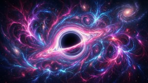 充滿活力的宇宙黑洞，周圍環繞著旋轉的粉紅色和藍色星雲以及遙遠的星系。