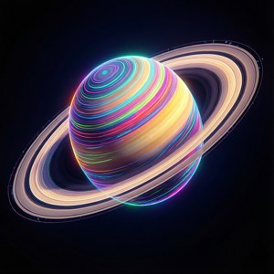 太空中一顆帶有彩虹漩渦和明亮光環的發光星球