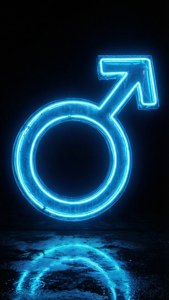 夜間濕漉漉的路面上藍色霓虹燈男性符號發光。