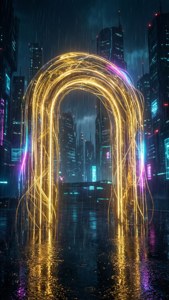 雨夜霓虹城市上的金色光拱