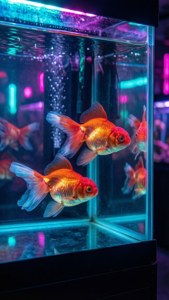 金魚在霓虹燈水族箱中游動，帶有彩色反射和氣泡。