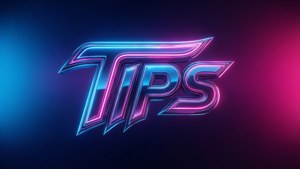 在深色漸變背景上，霓虹發光文字顯示藍色和粉紅色的TIPS。