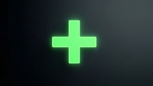 一個明亮的綠色發光加號符號在深色背景上