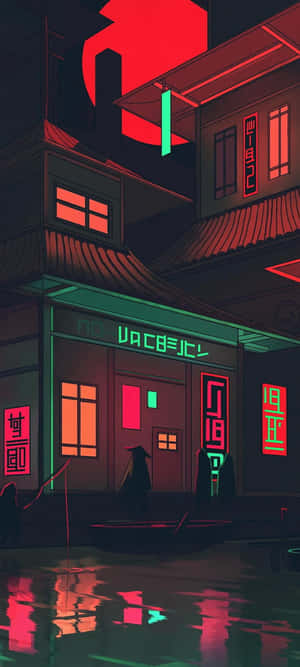 夜晚的賽博朋克日本街道，霓虹燈招牌和濕漉漉的人行道倒影。 — iPhone 16e 壁紙