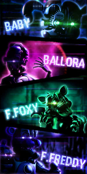 四個發光嘅 Five Nights at Freddy's 動畫角色喺霓虹燈數碼面板中。 — Pixel 3 壁紙