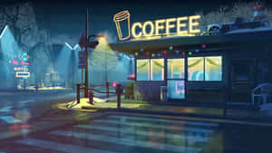一間舒適的咖啡店在雪夜的街道上閃爍著霓虹燈光。 — 早晨咖啡 壁紙