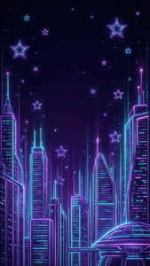 未來主義的城市天際線，帶有發光的霓虹建築和夜空中的星星。