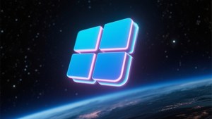 發光的Windows標誌漂浮在地球上空，太空中可見星星