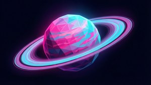 太空中帶有發光環的霓虹粉紅和青色低多邊形行星